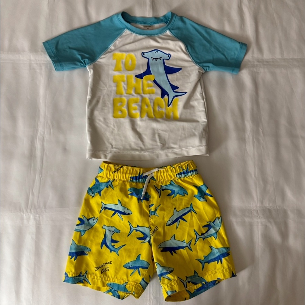 Old Navy Matching Toddler Swimsuit - Shark “To The Beach” Top & Shark Trunks